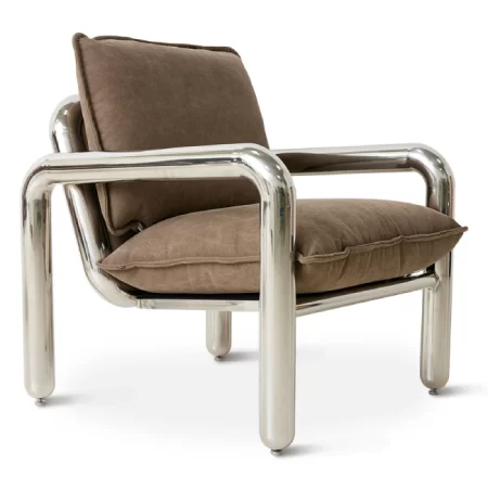 HK Living Cadeirão Chrome Lounge Armchair Canvas Brown