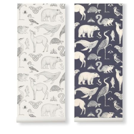 Katie Scott Wallpaper Animals da Ferm Living com ilustrações detalhadas de animais
